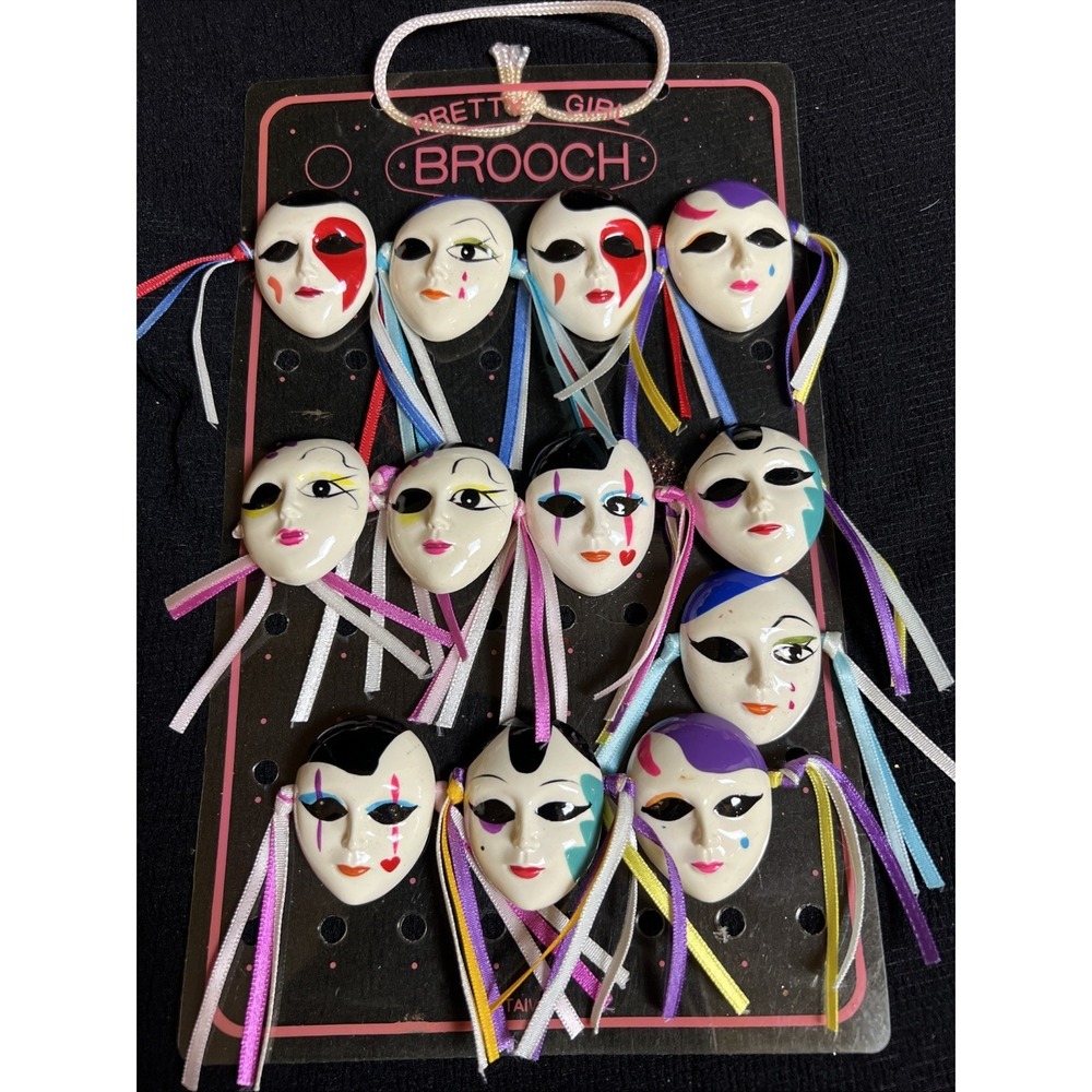 Vintage Pretty Girl Brooches Set Of 12 Mardi Gras Masks 1.75"